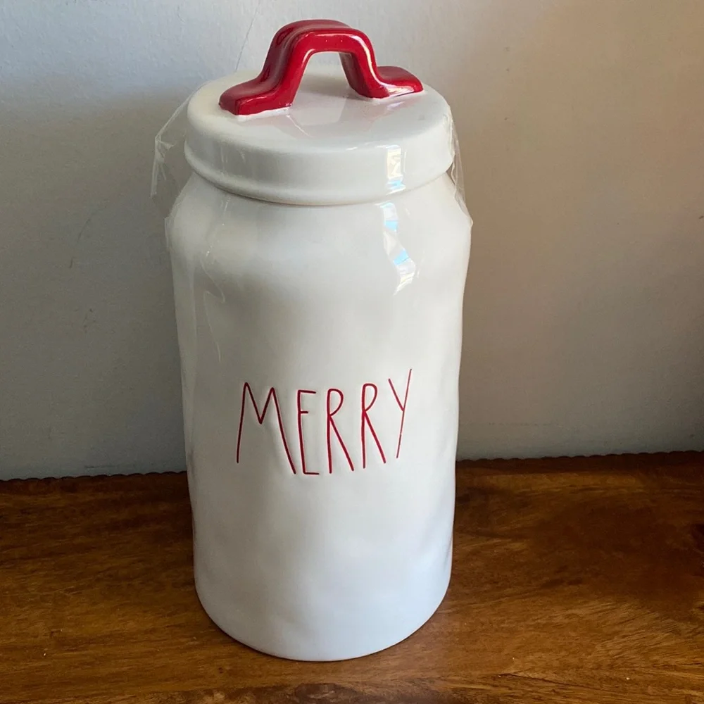 New Rae Dunn Merry Christmas Ceramic Canister Jar White Red LL